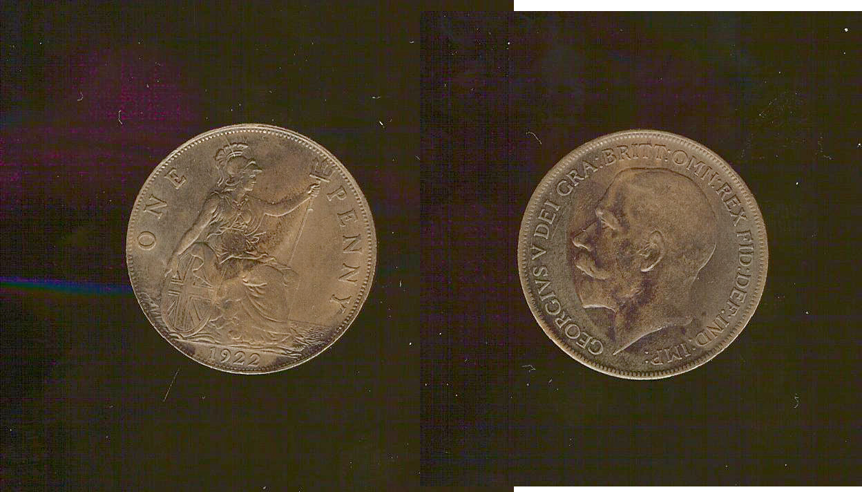 English penny 1922 AU+
